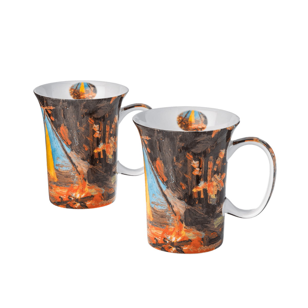 Tom Thomson Campfire mug pair fine bone china 11 oz (325 ml) McIntosh Mugs front view, handle right