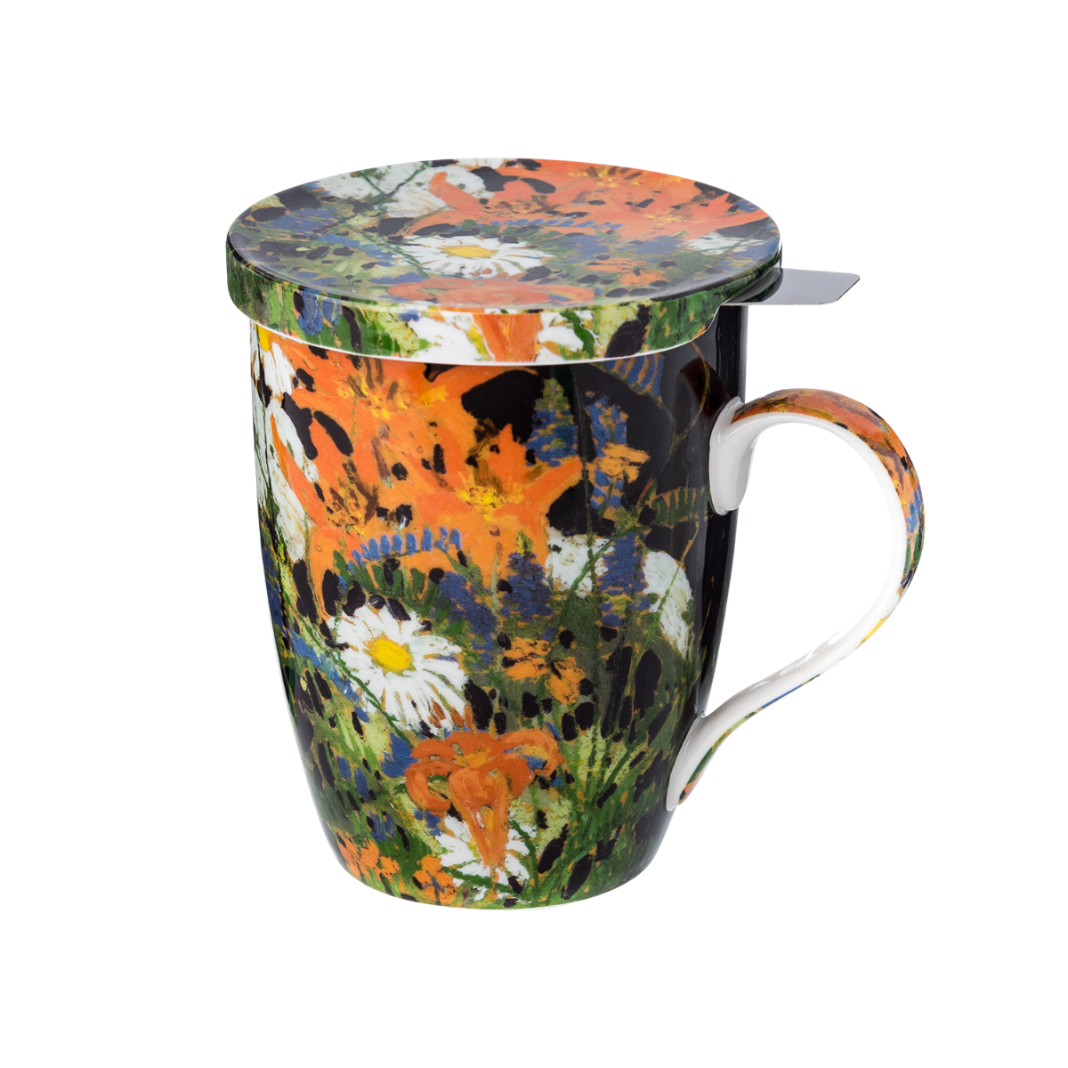 Tom Thomson Marguerites tea mug with infuser fine bone china 15.2 oz (450 ml) McIntosh Mugs front view, handle right