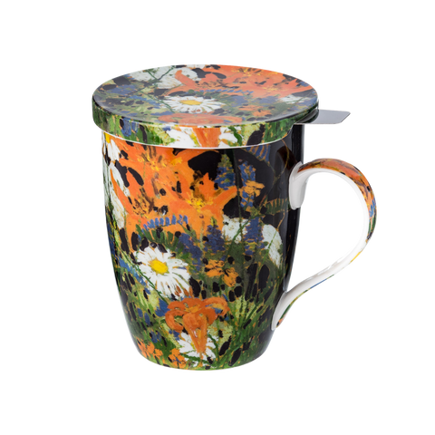 Tom Thomson Marguerites tea mug with infuser fine bone china 15.2 oz (450 ml) McIntosh Mugs front view, handle right