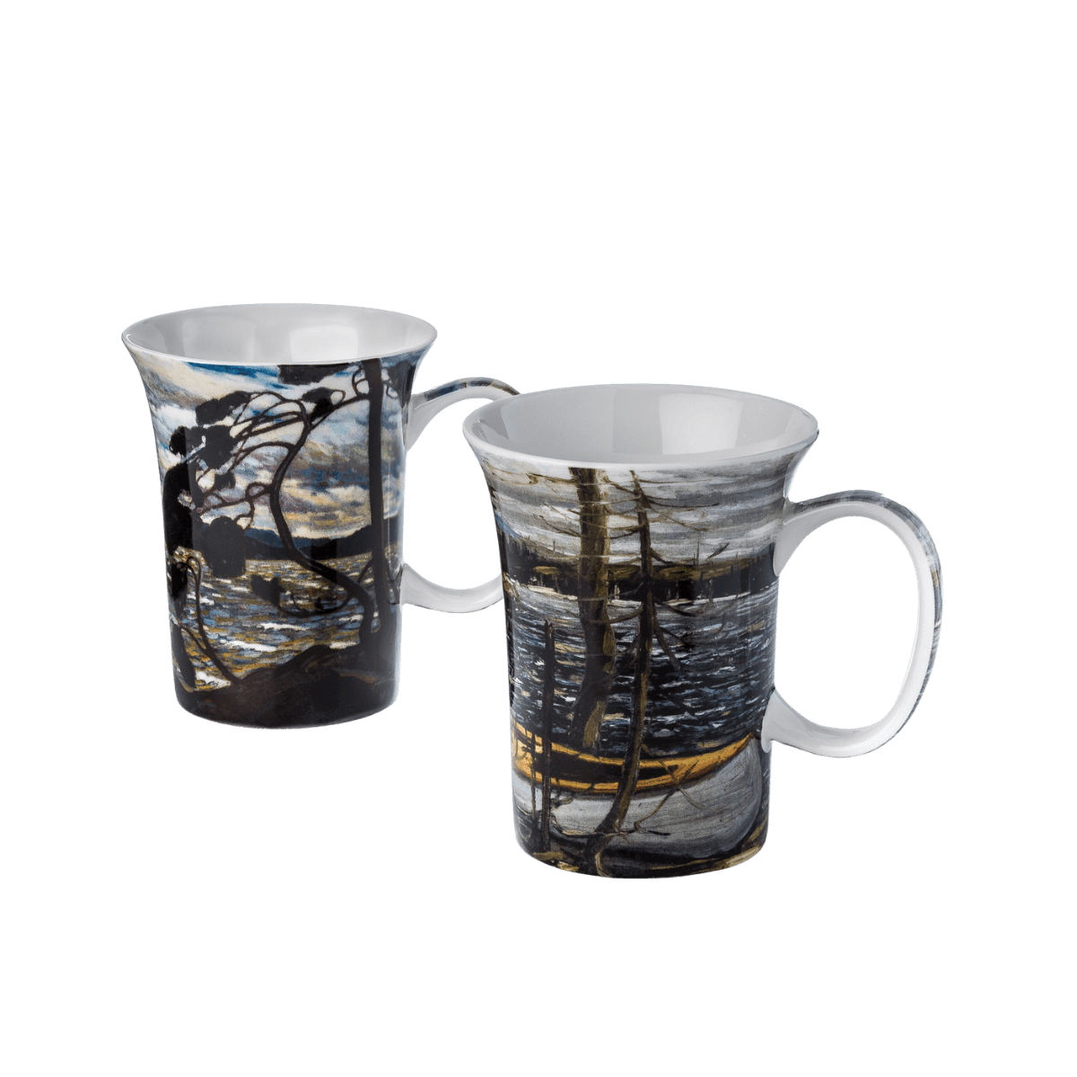 Tom Thomson mug pair featuring The Canoe and The West Wind paintings, 11 oz (325 ml) fine bone china mugs, front view