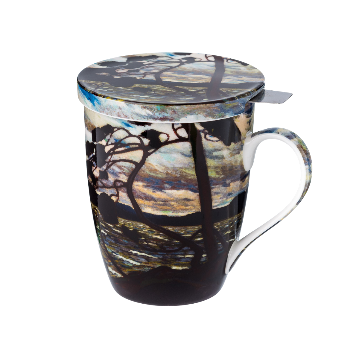 The West Wind Tom Thomson tea mug with stainless steel infuser fine bone china 15.2 oz featuring Canadian landscape painting, front view handle right