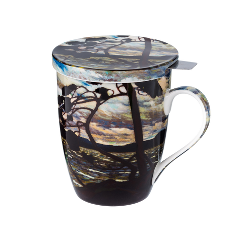The West Wind Tom Thomson tea mug with stainless steel infuser fine bone china 15.2 oz featuring Canadian landscape painting, front view handle right