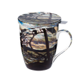 The West Wind Tom Thomson tea mug with stainless steel infuser fine bone china 15.2 oz featuring Canadian landscape painting, front view handle right