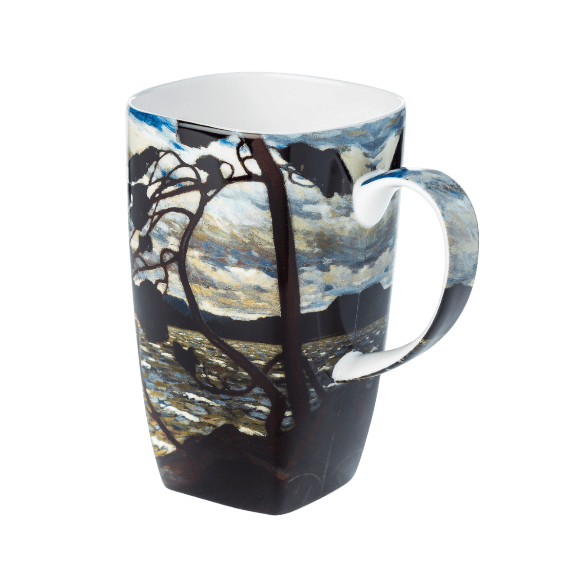 Tom Thomson The West Wind Grande mug, 19.6 oz (580 ml) fine bone china mug with Canadian landscape artwork, front view, handle right