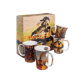 Tom Thomson Jack Pine Autumn Foliage Red Leaves Autumn’s Garland mug set, 11 oz (325 ml) fine bone china mugs, front view, handles right and gift box.