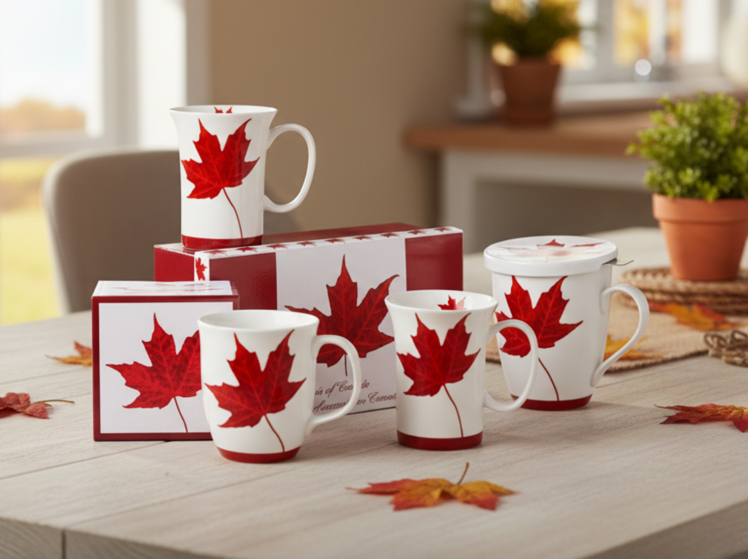 Four fine bone china mugs with Canadian leaf design on it with a box, sitting on a dining table