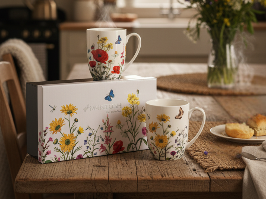 Wildflowers two mug set is sitting ona dining table with scones and flowers