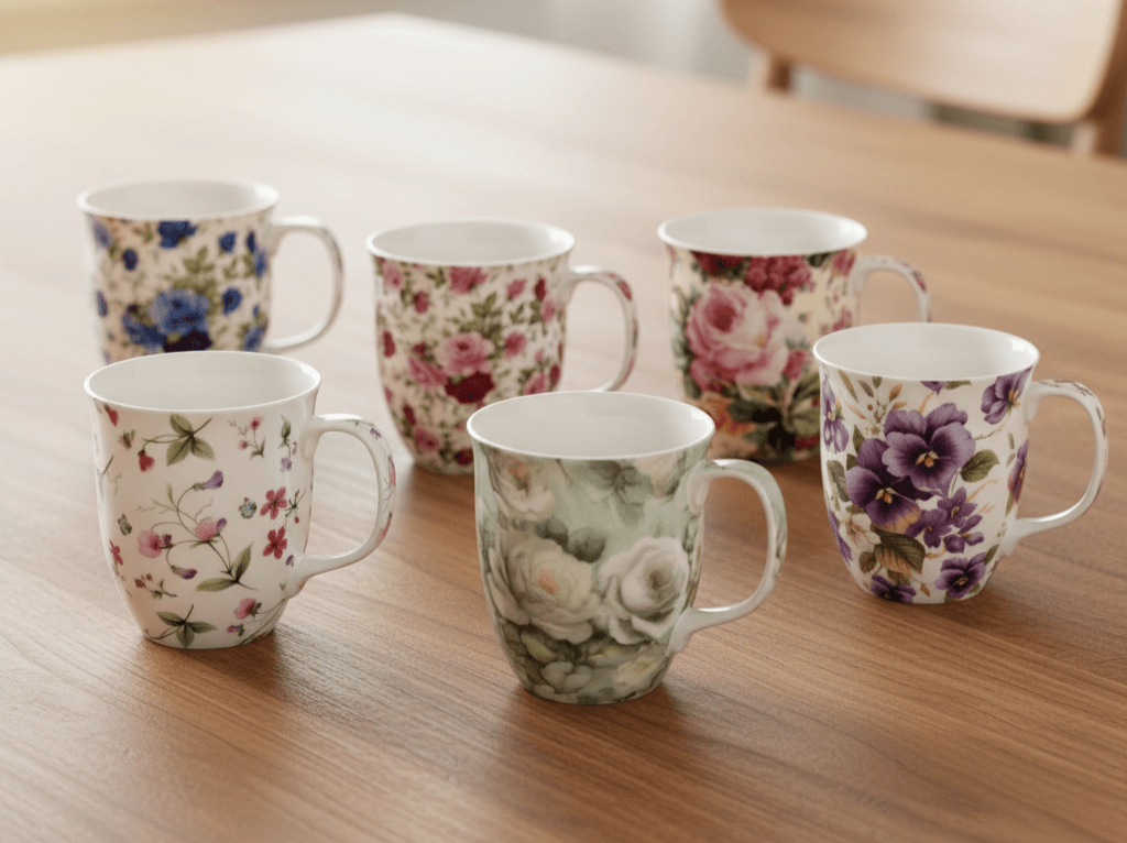 six Chintz floral fine bone china mugs on a wooden table in the garden