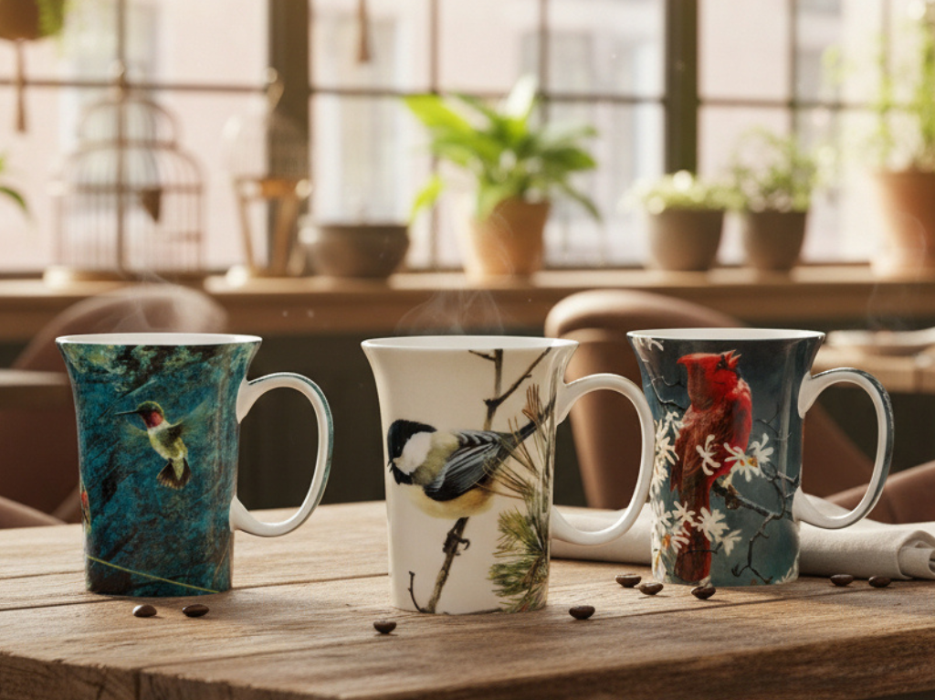 Three mugs with bird designs are displayed on a table in a specious room