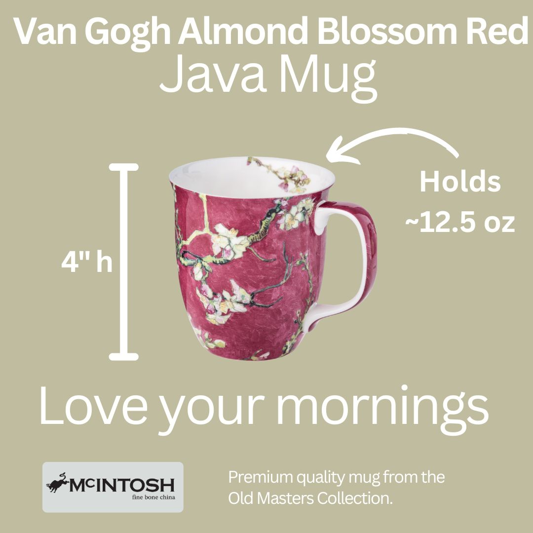 Van Gogh Almond Blossom Red Java Mug size guide in fine bone china, 375 ml (12.5 oz) capacity, 4 in height