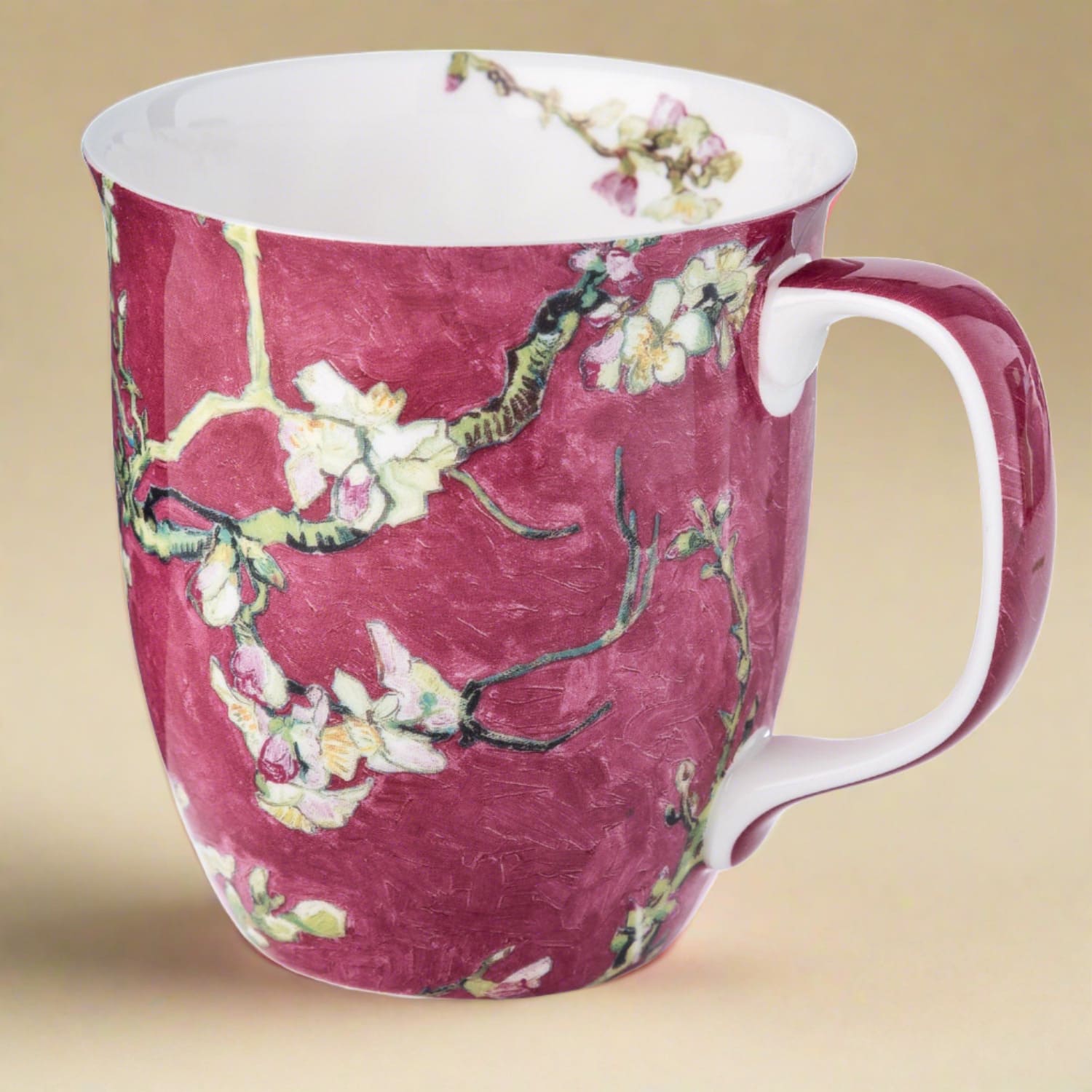 Van Gogh Almond Blossom Red Java Mug in fine bone china, front view, handle right, gold background