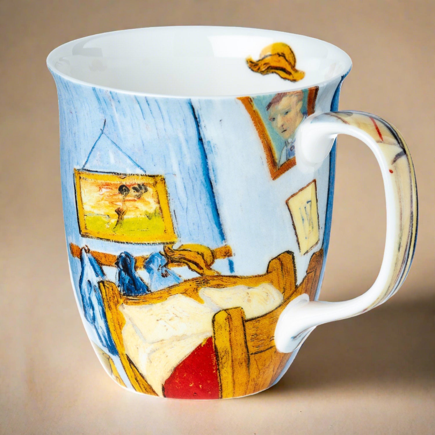 Van Gogh Bedroom at Arles Java Mug in fine bone china, front view, handle right, peach background
