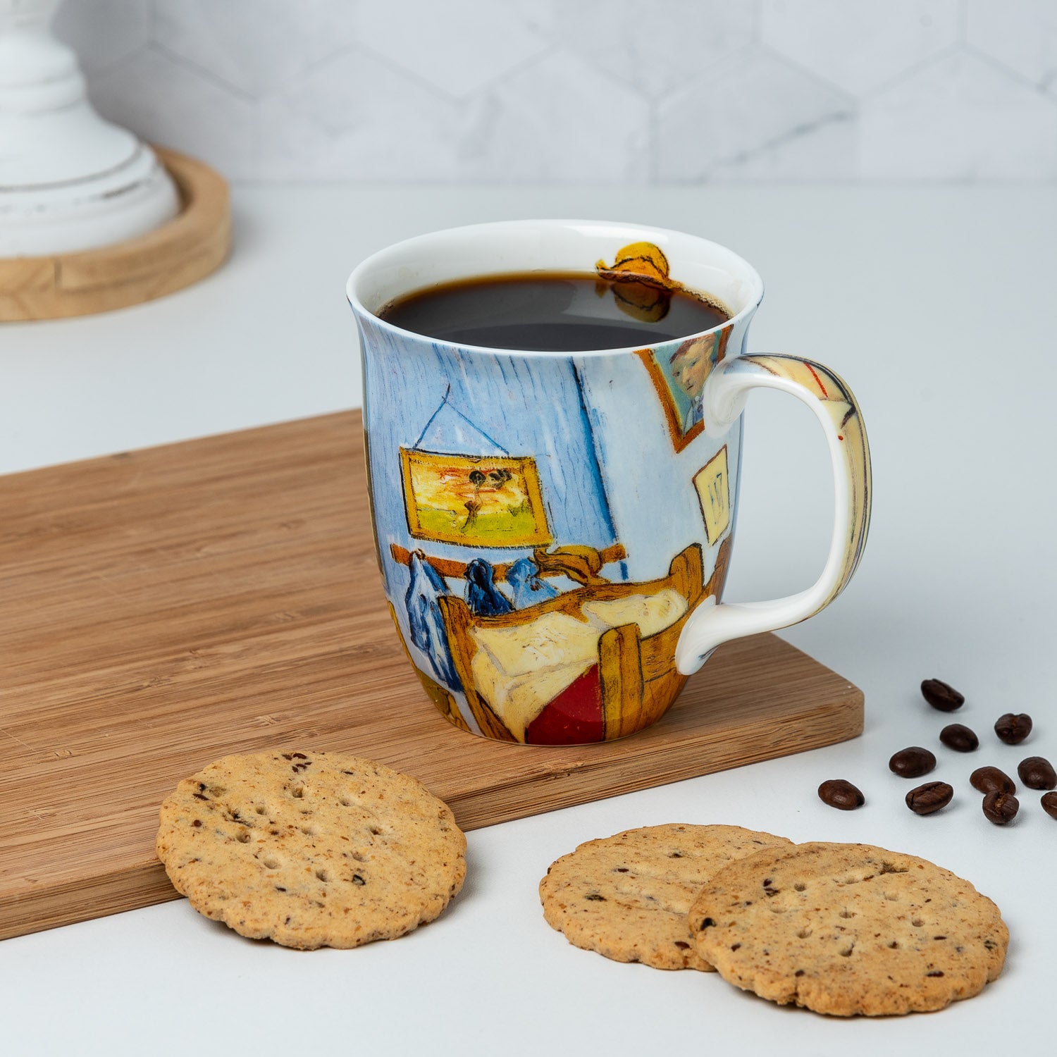 Van Gogh Bedroom at Arles Java Mug, lifestyle image styled on a countertop with coffee