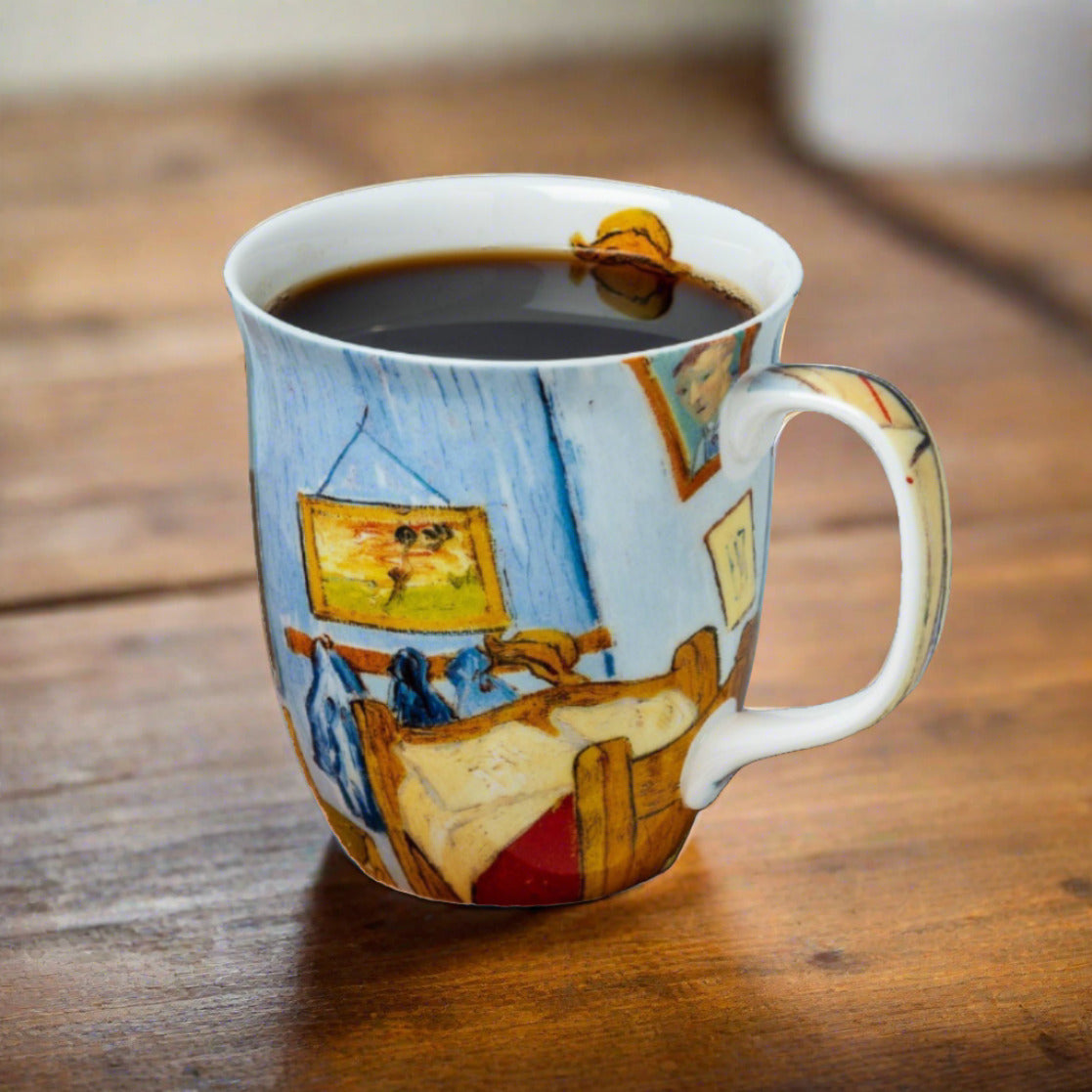 Van Gogh Bedroom at Arles Java Mug, lifestyle image styled on a dining table with coffee