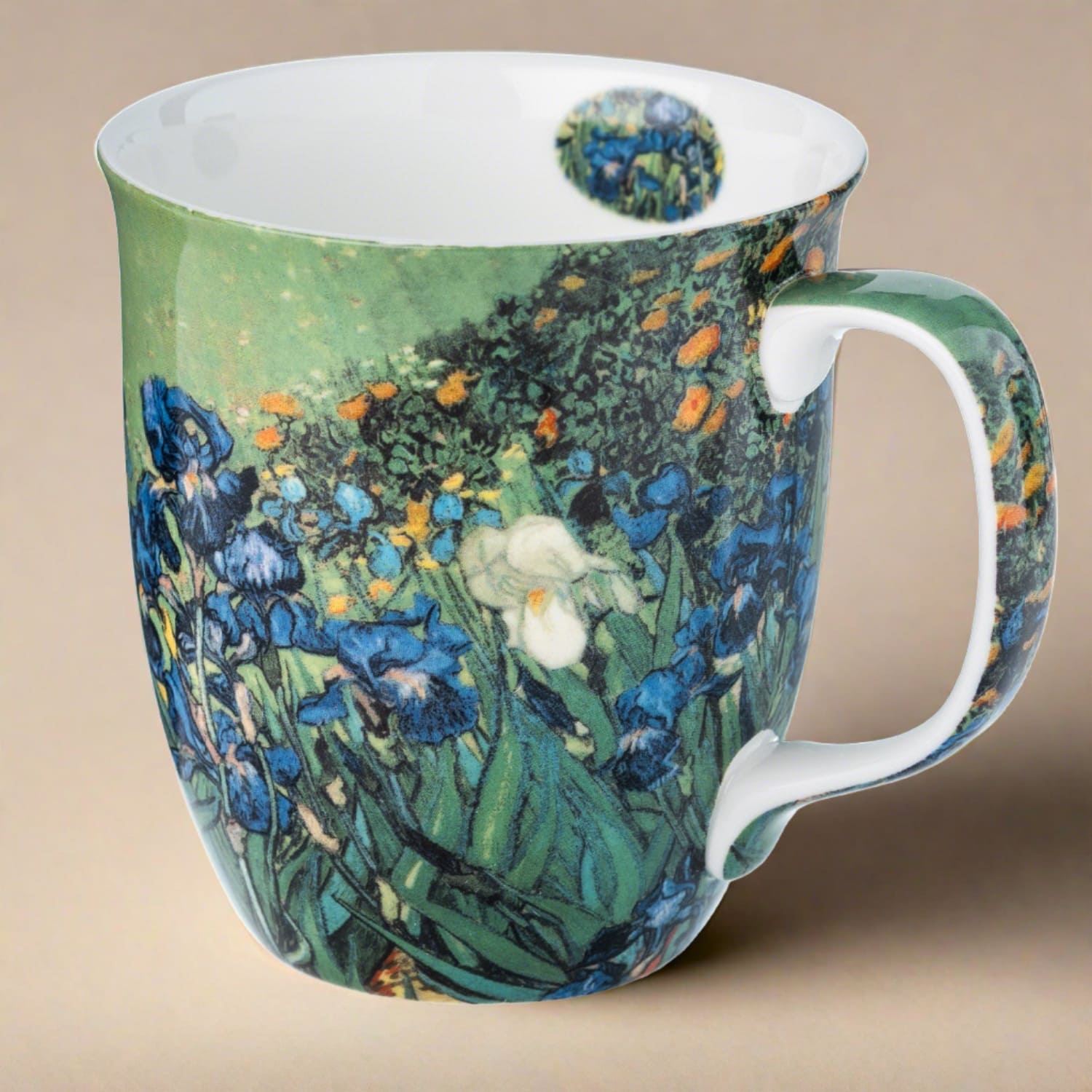 Van Gogh Irises Java Mug in fine bone china, front view, handle right, neutral background