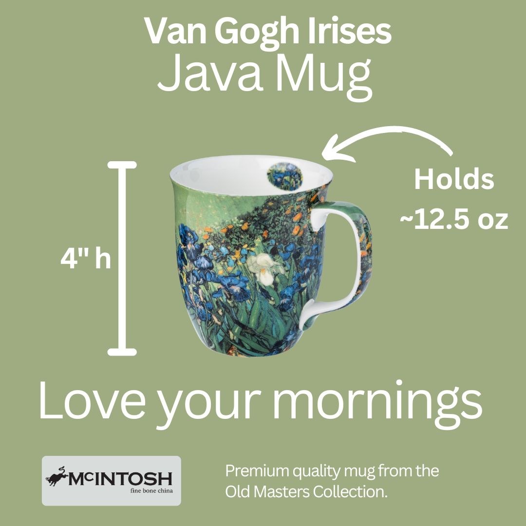 Van Gogh Irises Java Mug size guide in fine bone china, 375 ml (12.5 oz) capacity, 4 in height