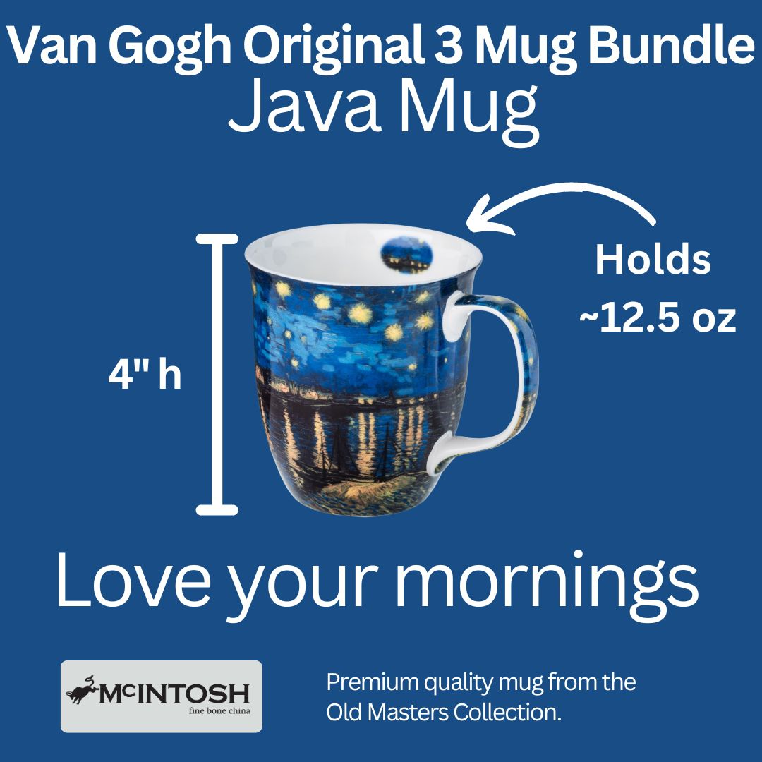 Van Gogh Starry Night Java Mug size guide in fine bone china, 375 ml (12.5 oz) capacity, 4 in height
