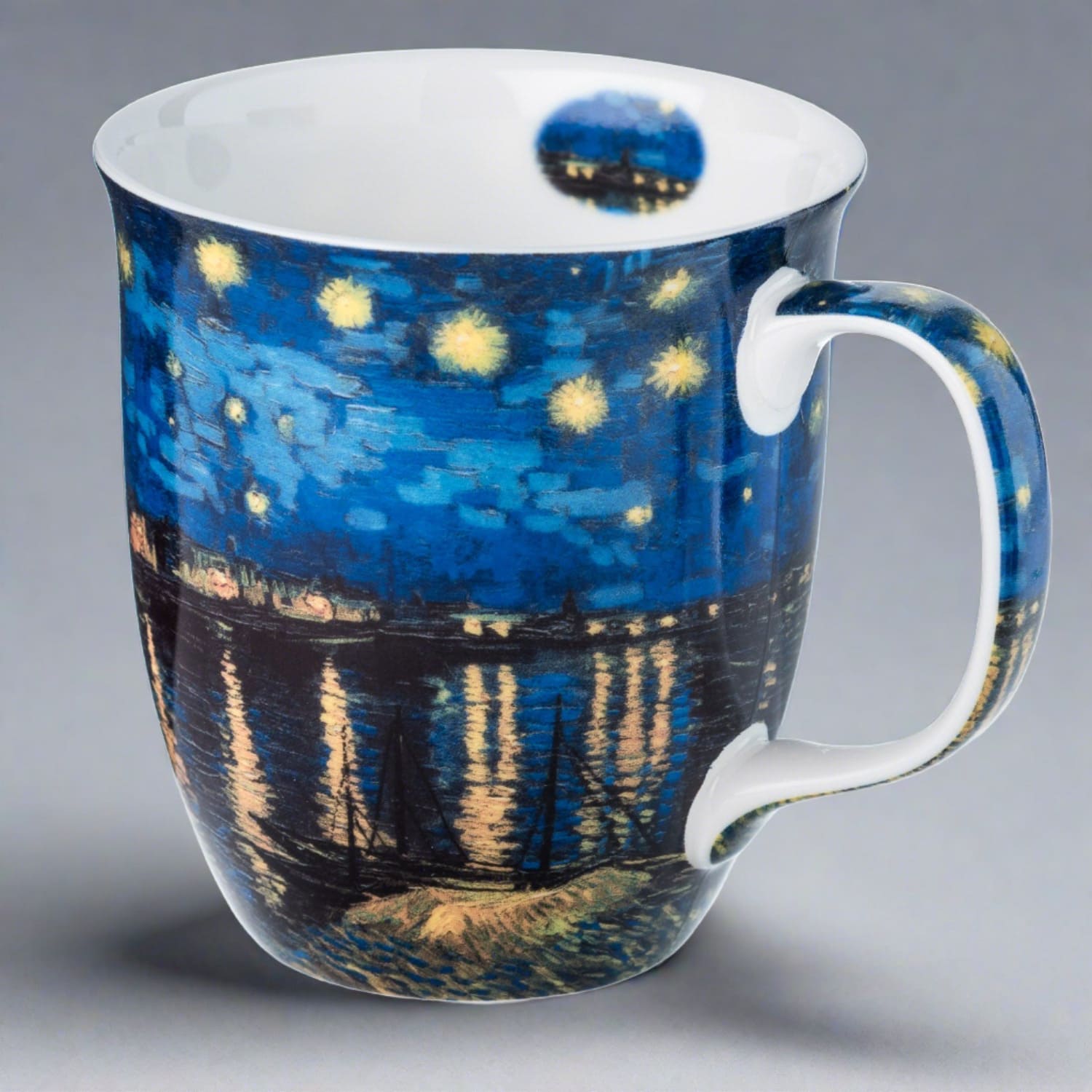 Starry Night Over The Rhone Java Mug in fine bone china, front view, handle right, grey background