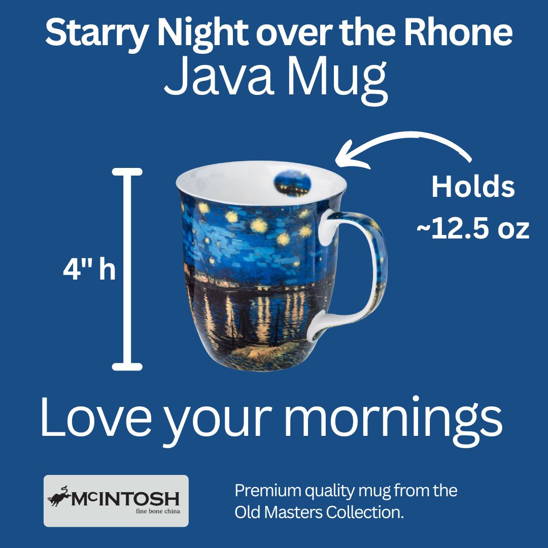 Starry Night Over The Rhone Java Mug size guide in fine bone china, 375 ml (12.5 oz) capacity, 4 in height
