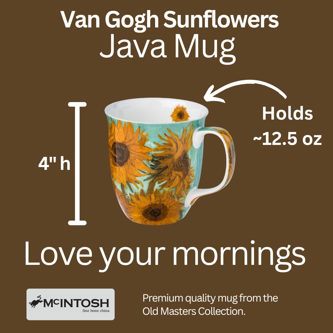 Van Gogh Sunflowers Java Mug size guide in fine bone china, 375 ml (12.5 oz) capacity, 4 in height