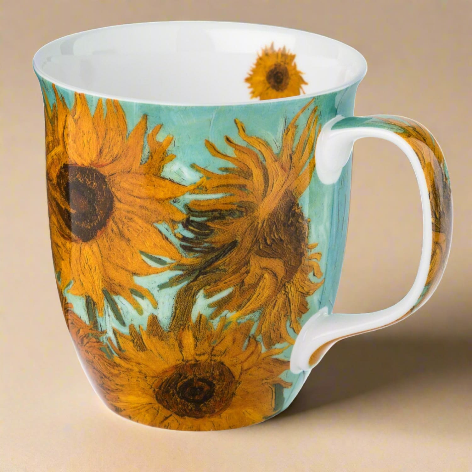 Van Gogh Sunflowers Java Mug in fine bone china, front view, handle right on a peach background