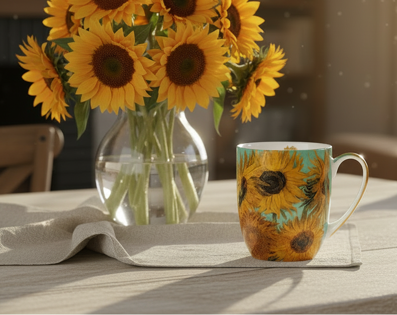 Sunflowers design by Vincent Van Gogh Latte mug with coffee pictured on kitchen table with vase of flowers