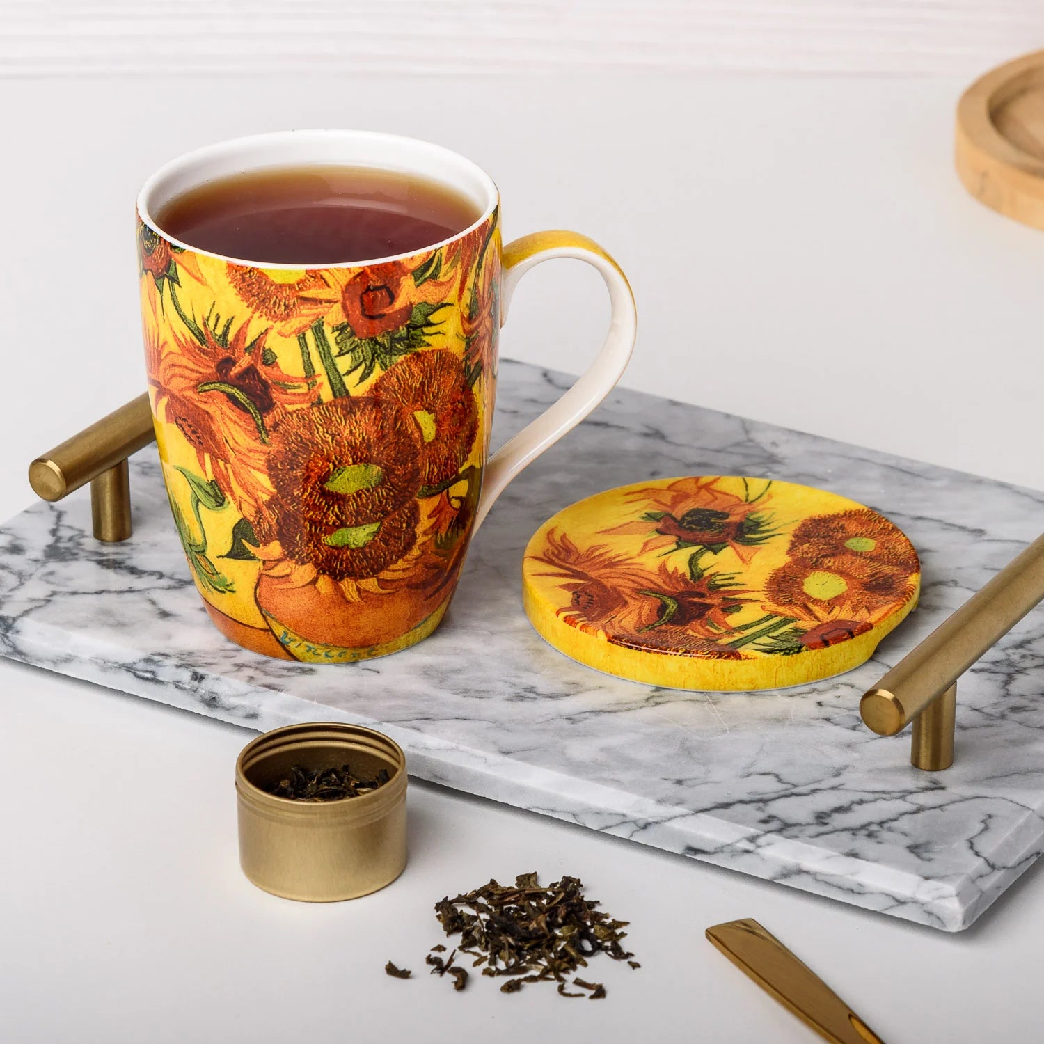 Van Gogh Sunflowers tea mug with infuser, 15.2 oz (450 ml) fine bone china, front view, handle right.