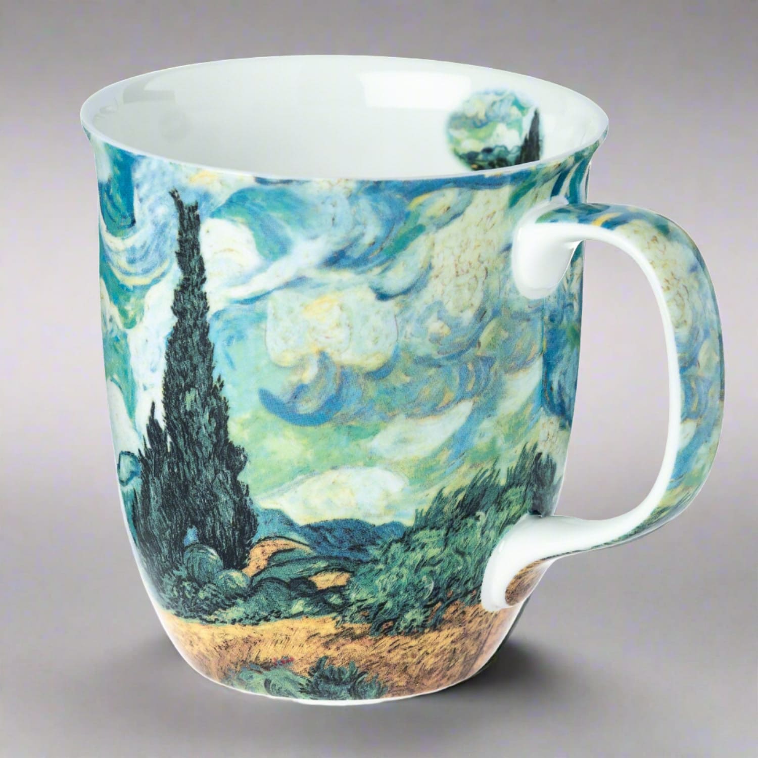 Van Gogh Wheatfields with Cypresses Java Mug in fine bone china, front view, handle right, grey background