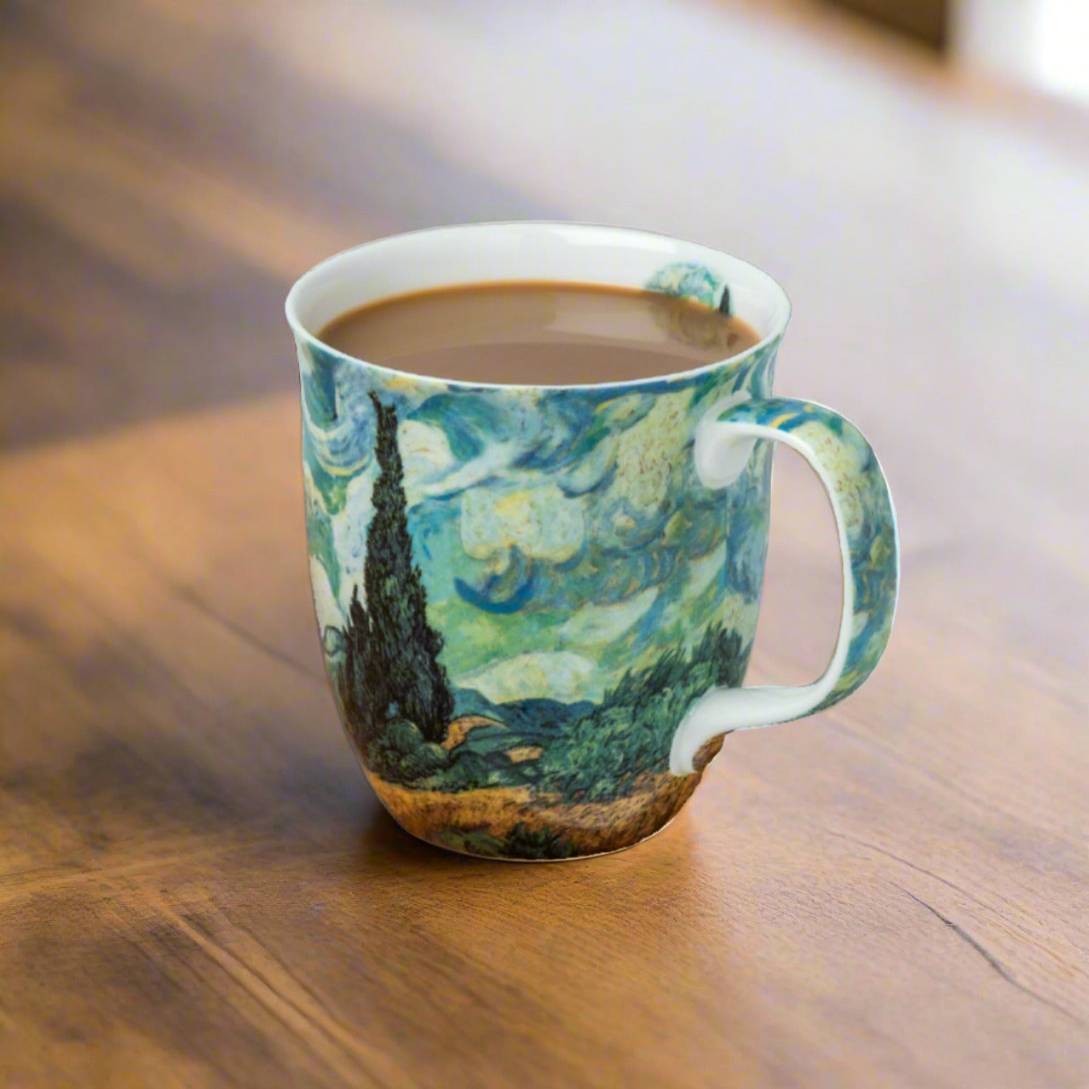 Van Gogh Wheatfields with Cypresses Java Mug, lifestyle image styled on a dining table with cappuccino