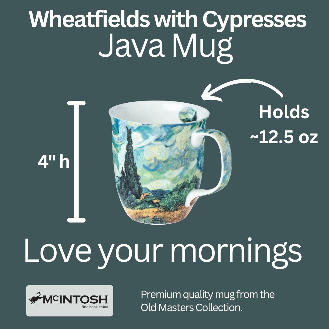 Van Gogh Wheatfields with Cypresses Java Mug size guide in fine bone china, 375 ml (12.5 oz) capacity, 4 in height