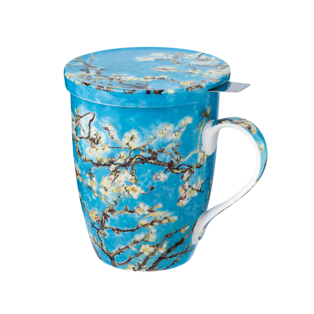 Vincent van Gogh Almond Blossom tea mug with stainless steel infuser and lid, 15.2 oz (450 ml) fine bone china mug, front view handle right