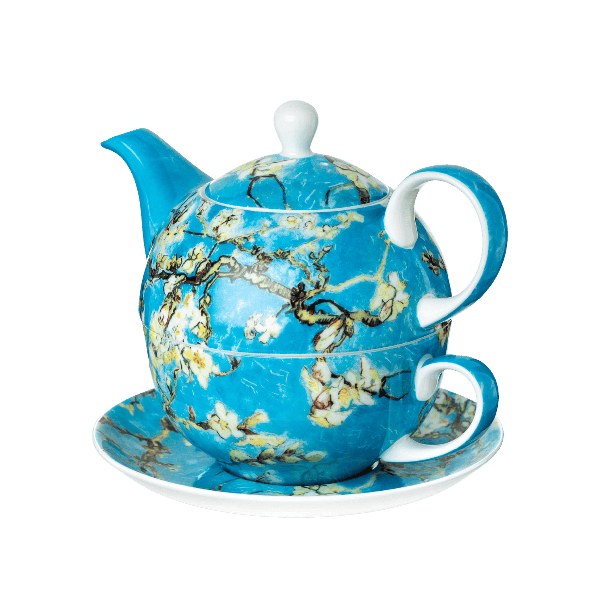 Vincent van Gogh Almond Blossom tea for one set with teapot cup and saucer, fine bone china, front view