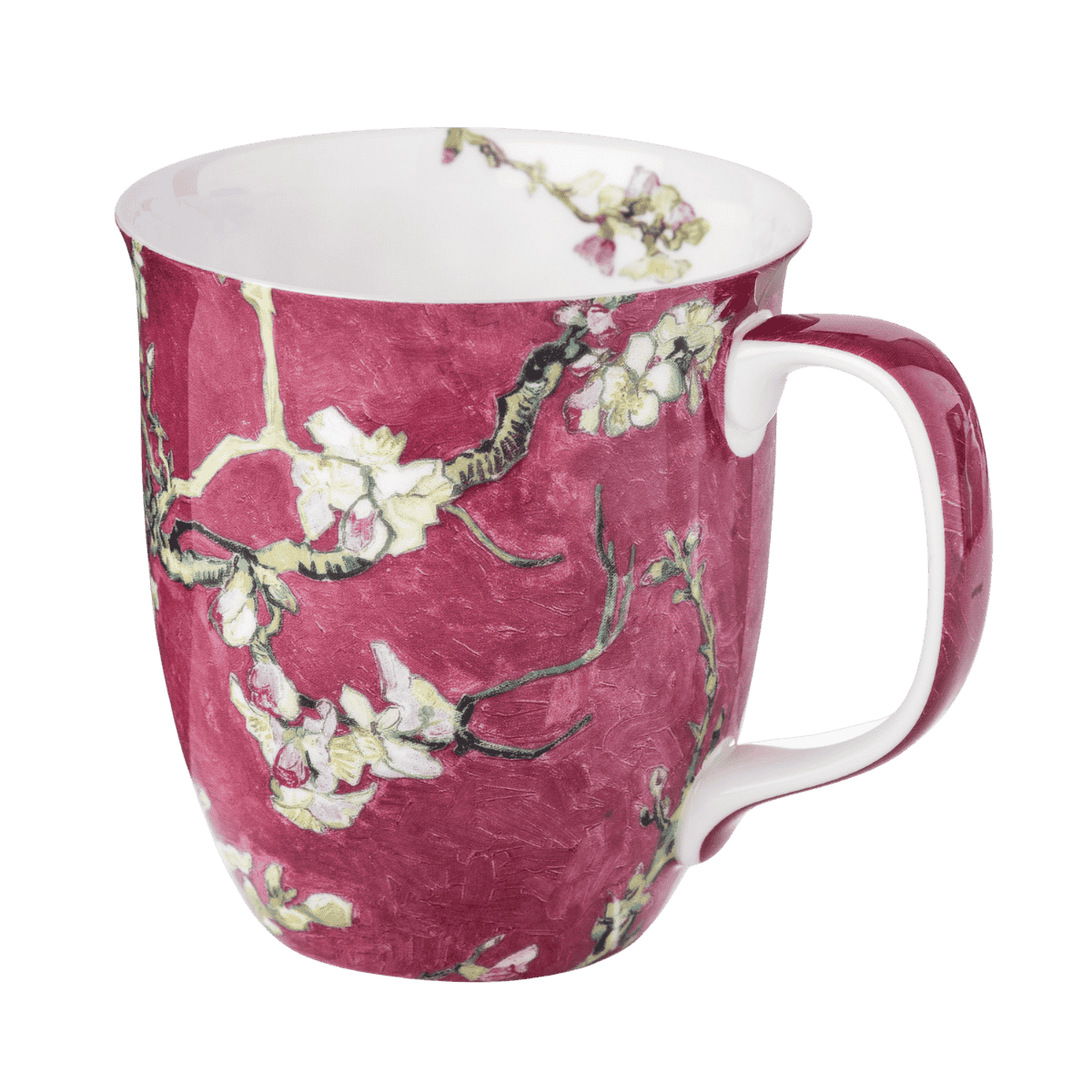 Vincent van Gogh Almond Blossom Red Java mug, 12.5 oz (375 ml) fine bone china mug with red background art design, front view, handle right