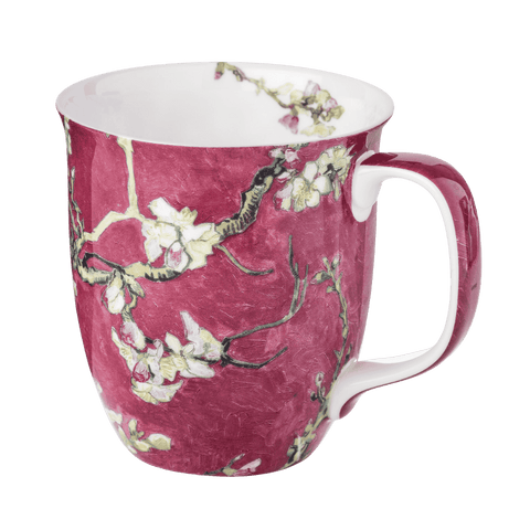 Vincent van Gogh Almond Blossom Red Java mug, 12.5 oz (375 ml) fine bone china mug with red background art design, front view, handle right