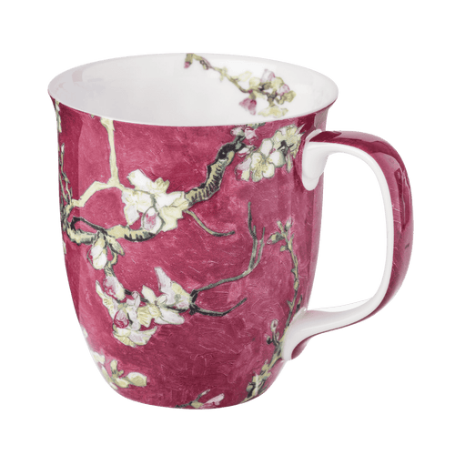 Vincent van Gogh Almond Blossom Red Java mug, 12.5 oz (375 ml) fine bone china mug with red background art design, front view, handle right
