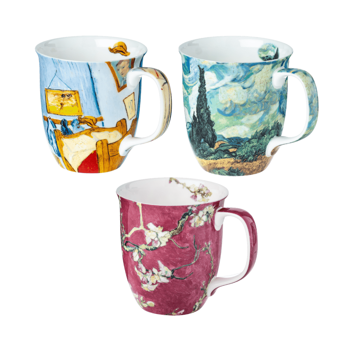 Van Gogh Encore Java mug bundle of three featuring Wheatfield with Cypresses Bedroom at Arles and Almond Blossom Red paintings, 12.5 oz (375 ml) fine bone china mugs