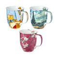 Van Gogh Encore Java mug bundle of three featuring Wheatfield with Cypresses Bedroom at Arles and Almond Blossom Red paintings, 12.5 oz (375 ml) fine bone china mugs