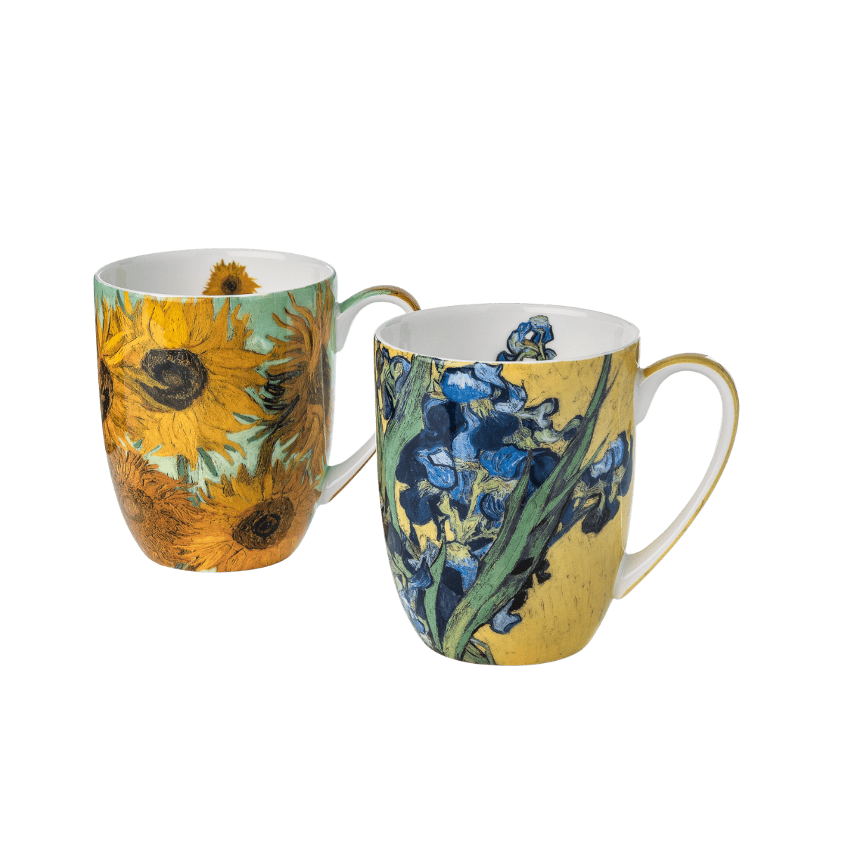 Van Gogh Sunflowers and Irises mug set of two, 12.5 oz (375 ml) fine bone china mugs, front view, handle right
