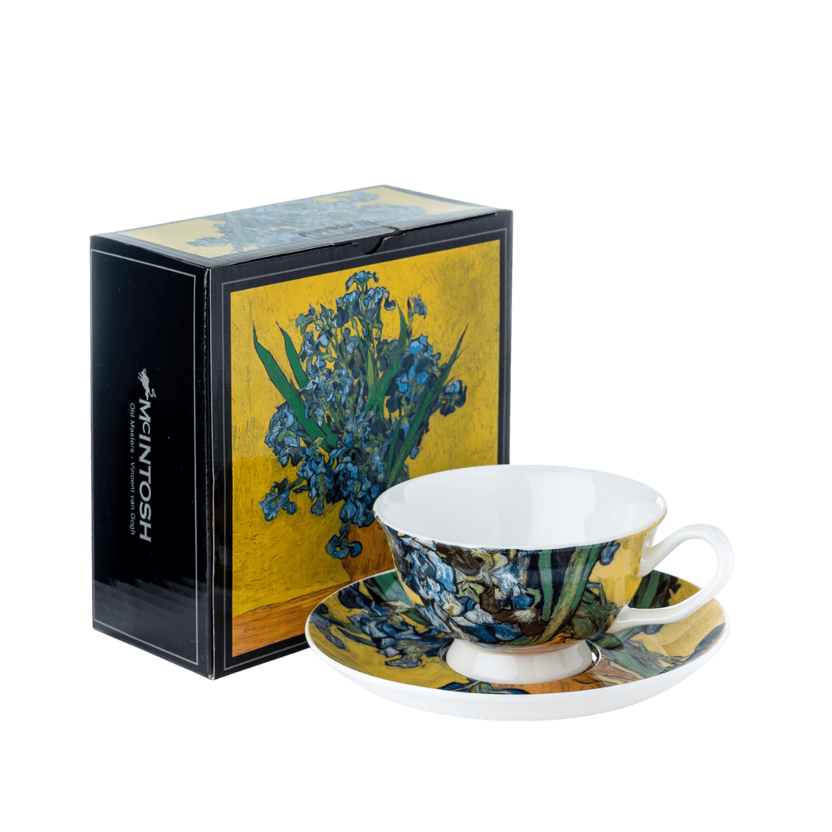 Irises Vincent van Gogh teacup and saucer fine bone china six oz tea cup set, front view