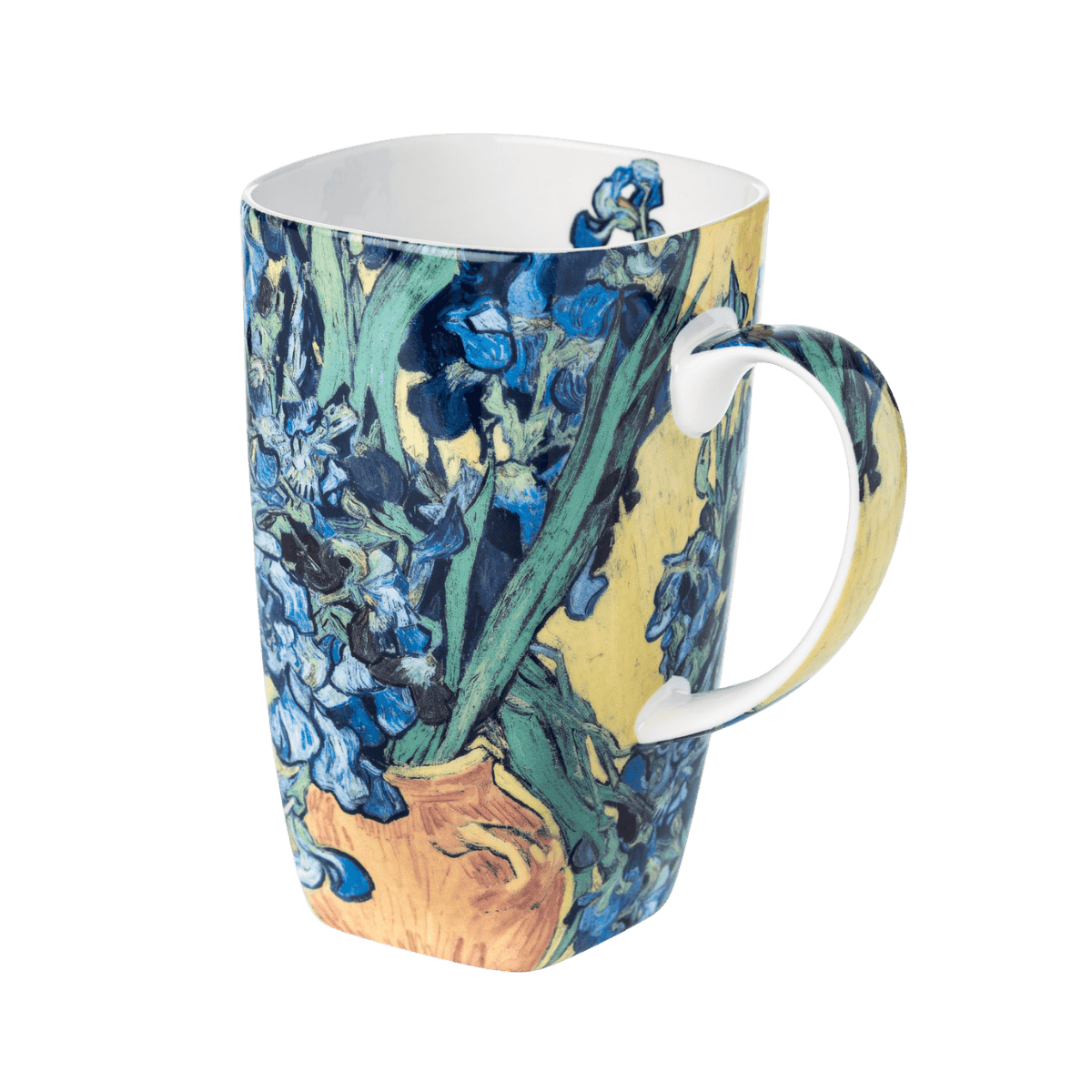 Vincent van Gogh Irises Grande mug, 19.6 oz (580 ml) fine bone china mug with iris artwork, front view, handle right