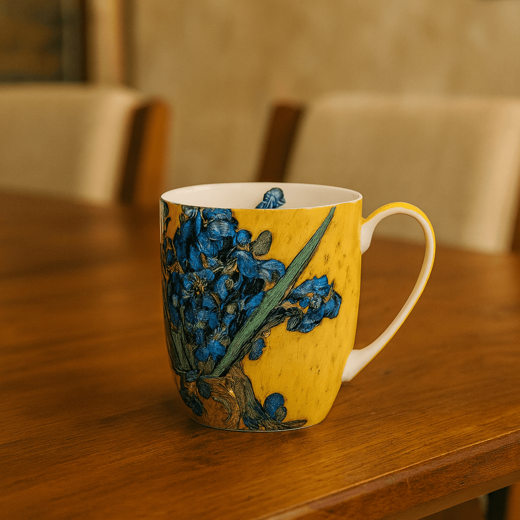 Irises by Vincent Van Gogh Latte mug on kitchen table