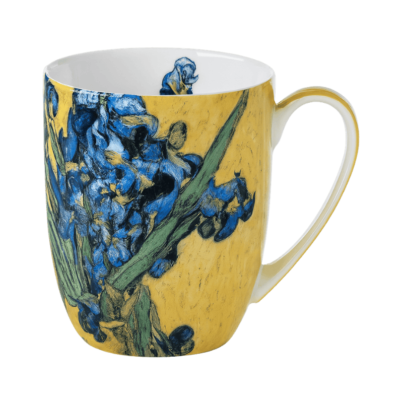 Irises by Vincent Van Gogh Latte mug in fine bone china, 12.5 oz (375 ml), front view, handle right