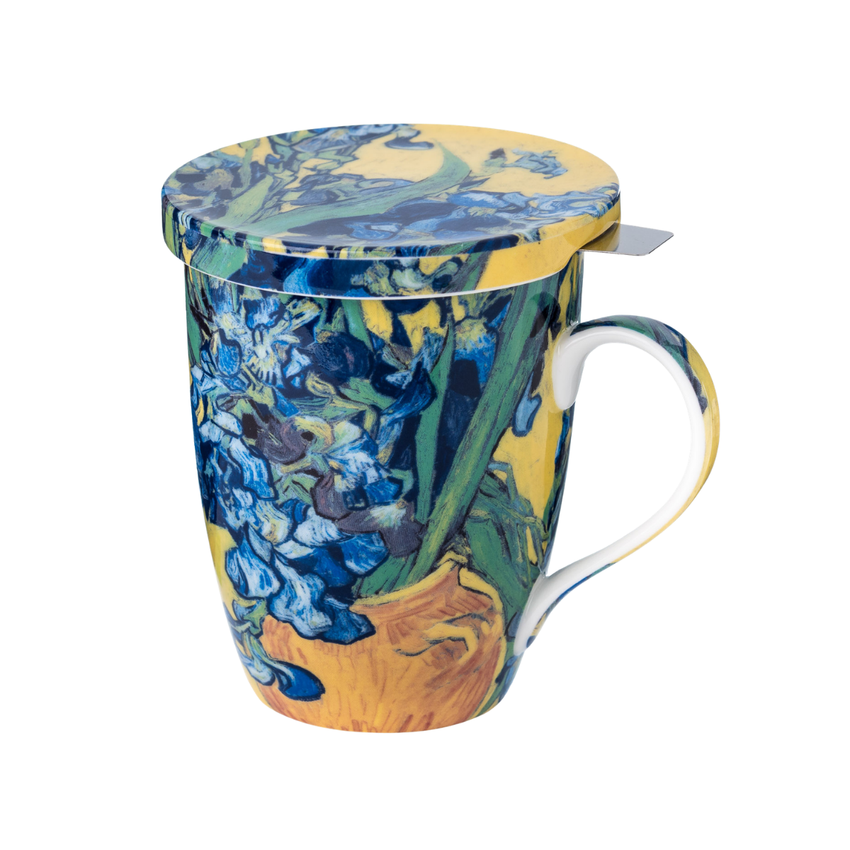 Irises Vincent van Gogh tea mug with stainless steel infuser fine bone china 15.2 oz featuring iris painting, front view handle right