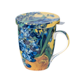 Irises Vincent van Gogh tea mug with stainless steel infuser fine bone china 15.2 oz featuring iris painting, front view handle right