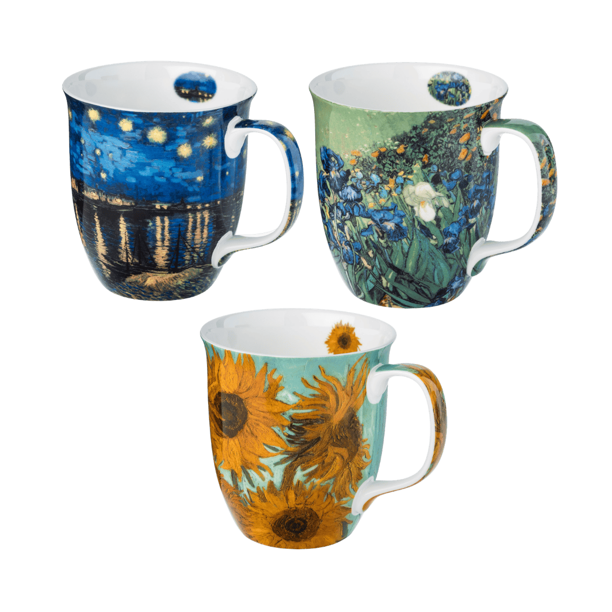 Van Gogh set of three featuring Starry Night over the Rhône Sunflowers and Irises designs Java Mug size guide in fine bone china, 375 ml (12.5 oz) capacity, 4 in height