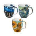Van Gogh set of three featuring Starry Night over the Rhône Sunflowers and Irises designs Java Mug size guide in fine bone china, 375 ml (12.5 oz) capacity, 4 in height