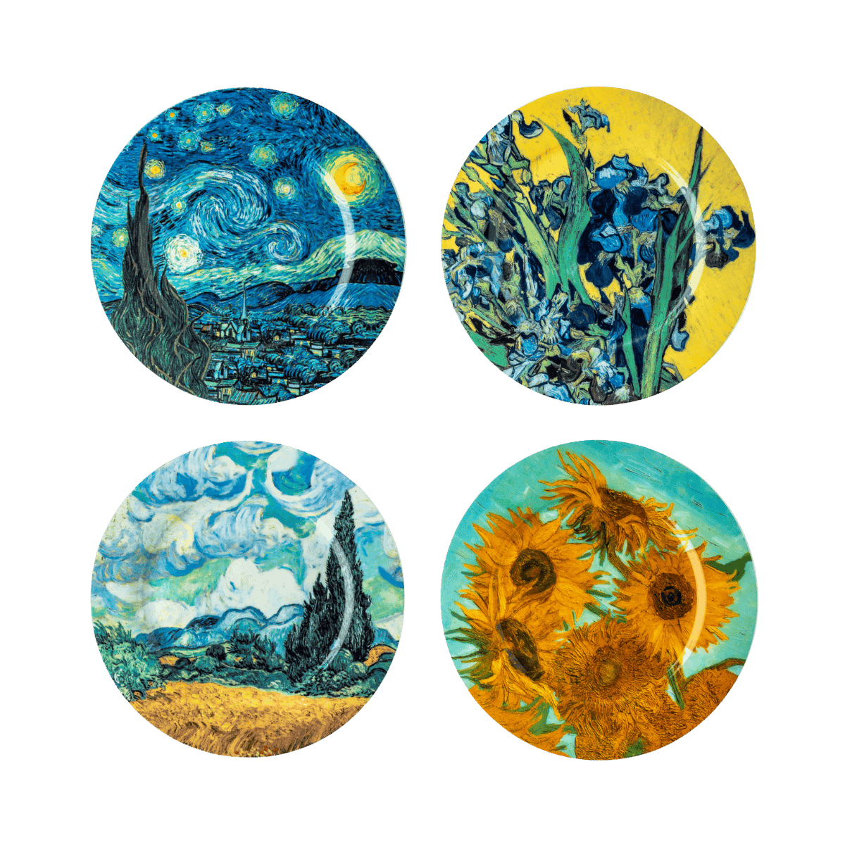 Van Gogh dessert plate set of four featuring Starry Night, Irises, Sunflowers on Green and Wheatfield with Cypresses designs, fine bone china plates on white background