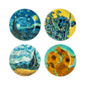 Van Gogh dessert plate set of four featuring Starry Night, Irises, Sunflowers on Green and Wheatfield with Cypresses designs, fine bone china plates on white background