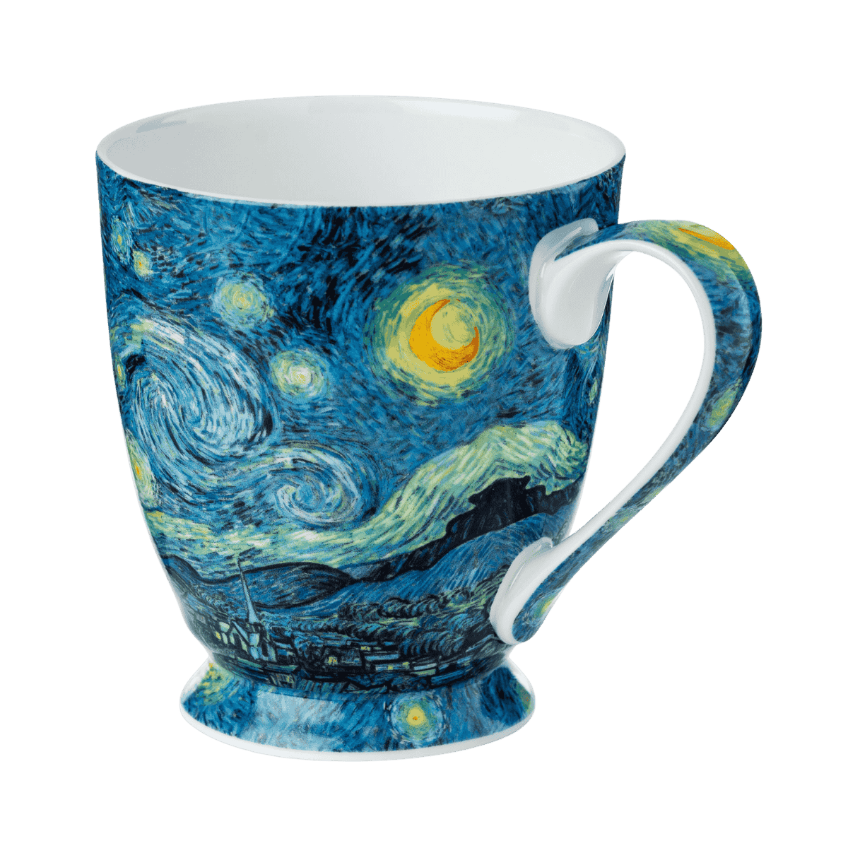 Starry Night Van Gogh mocha mug fine bone china 16 oz featuring famous swirling night sky painting, front view handle right