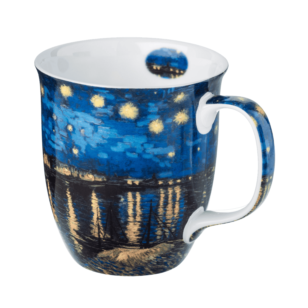 Vincent van Gogh Starry Night over the Rhone mug, fine bone china coffee mug featuring the painting, front view handle right